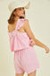 Gauze Square Neck Romper with Mini Ruffles on the Shoulder in Pink